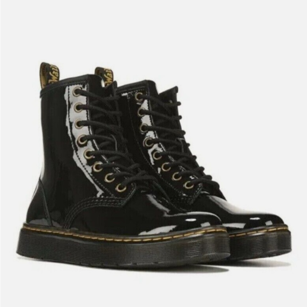 Dr. Martens Zavala Black Combat Moto Boots with Yellow Stitching